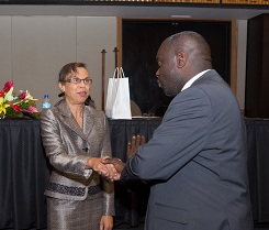 Ms. Sharman Ottley,Auditor General of Trinidad and Tobago greets the Mr. Winston Duke, President of the Public Service Association of Trinidad and Tobago