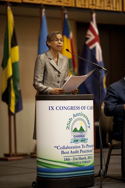 Ms. Sharman Ottley, Auditor General of Trinidad and Tobago welcomes the audience as the IX Congress of CAROSAI officially begins.